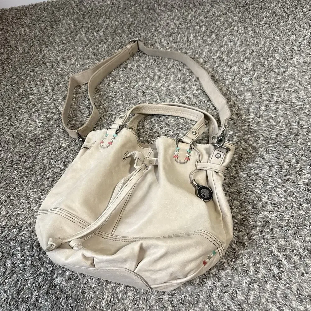 The Sak Bag Bucket Beige Natural Leather Drawstring Crossbody Hobo Purse New